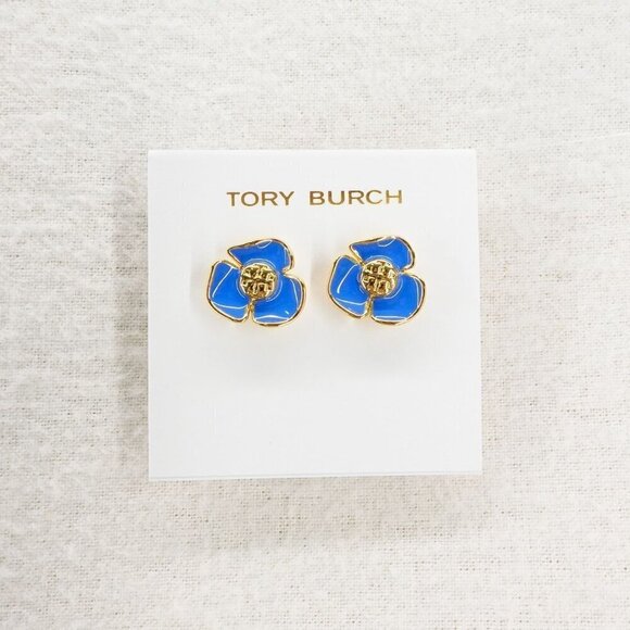 Tory Burch Fleur Flower Stud Earrings Blue OS - Picture 1 of 13